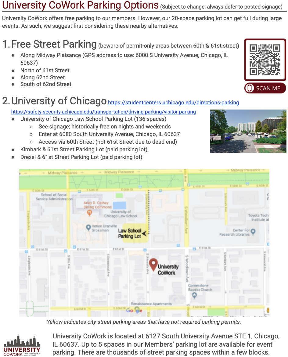 Free street and University of Chicago parking options near University CoWork